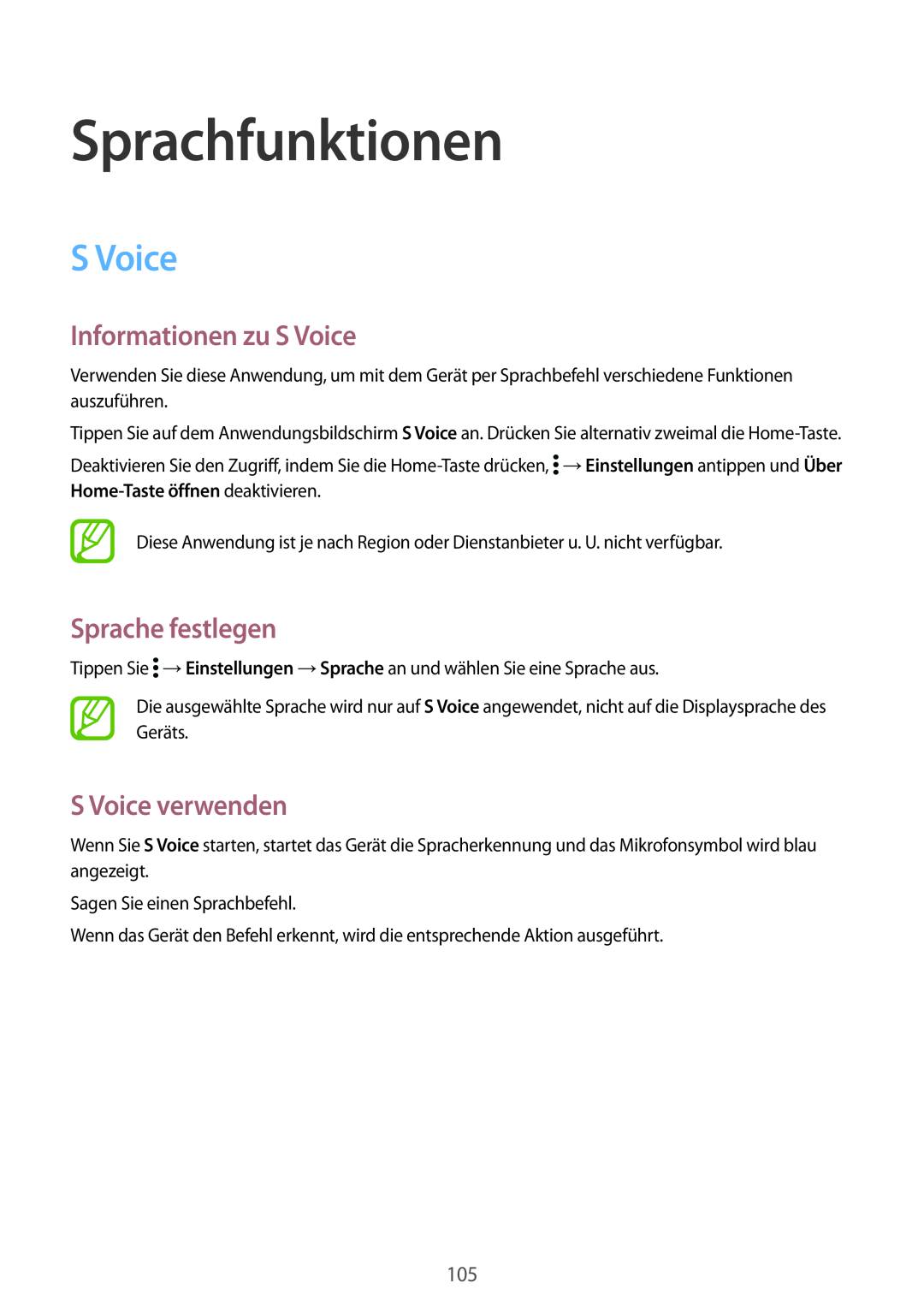 Samsung SM-G901FZWADBT manual Sprachfunktionen, Informationen zu S Voice, Sprache festlegen, S Voice verwenden 