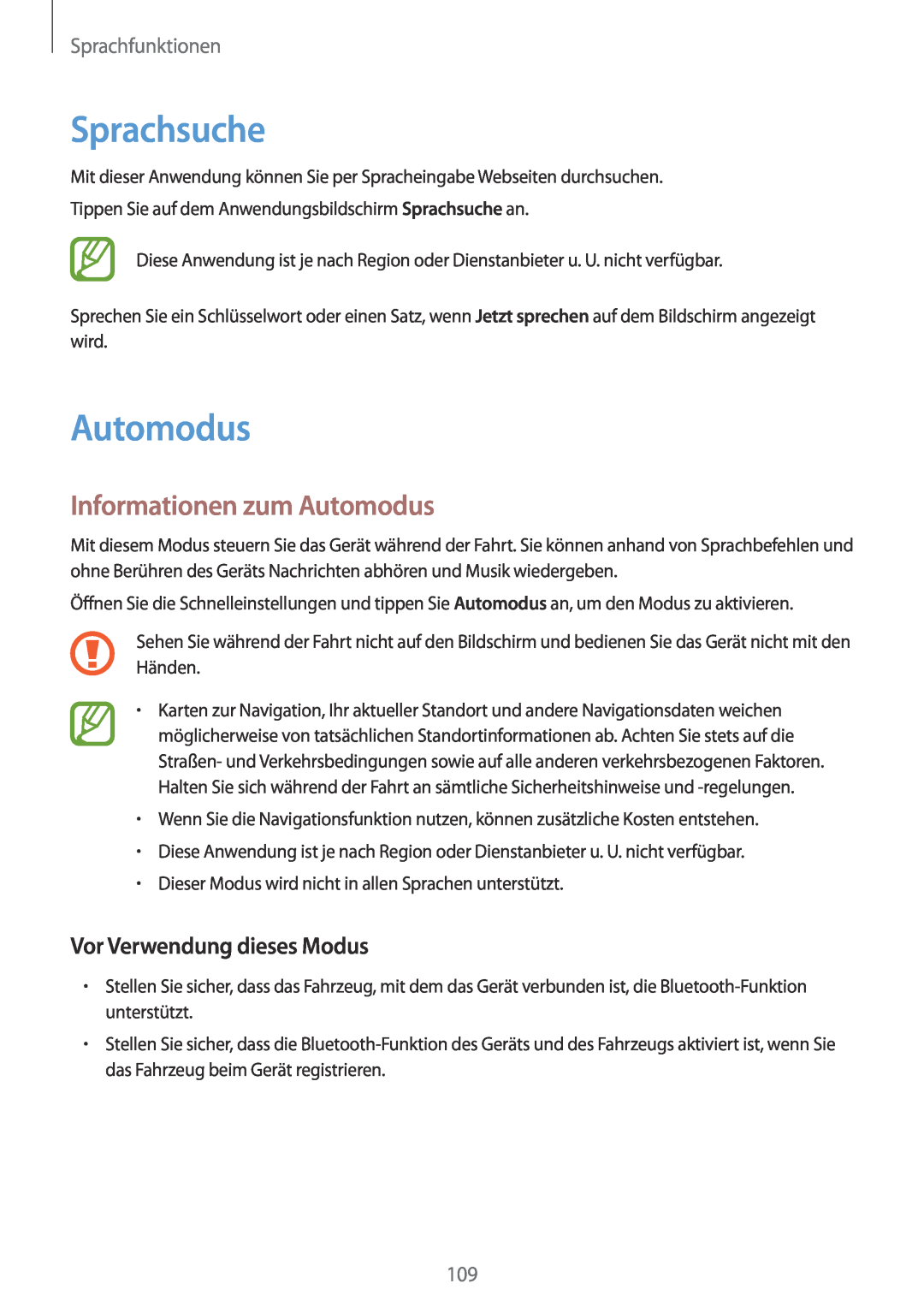 Samsung SM-G901FZKADTM manual Sprachsuche, Informationen zum Automodus, Vor Verwendung dieses Modus, Sprachfunktionen 