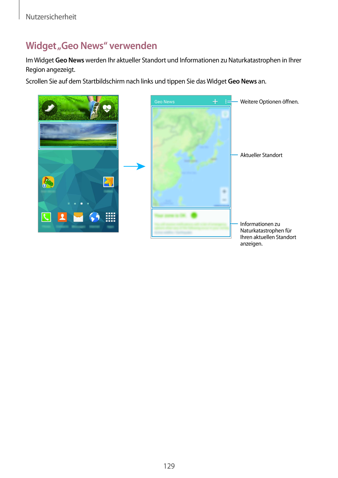 Samsung SM-G901FZKADBT manual Widget„Geo News“ verwenden, Nutzersicherheit, Weitere Optionen öffnen Aktueller Standort 