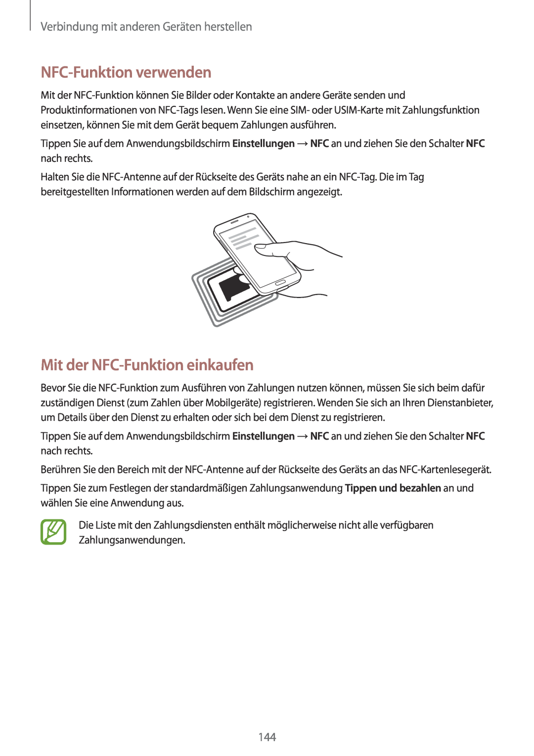 Samsung SM-G901FZKABAL NFC-Funktion verwenden, Mit der NFC-Funktion einkaufen, Verbindung mit anderen Geräten herstellen 