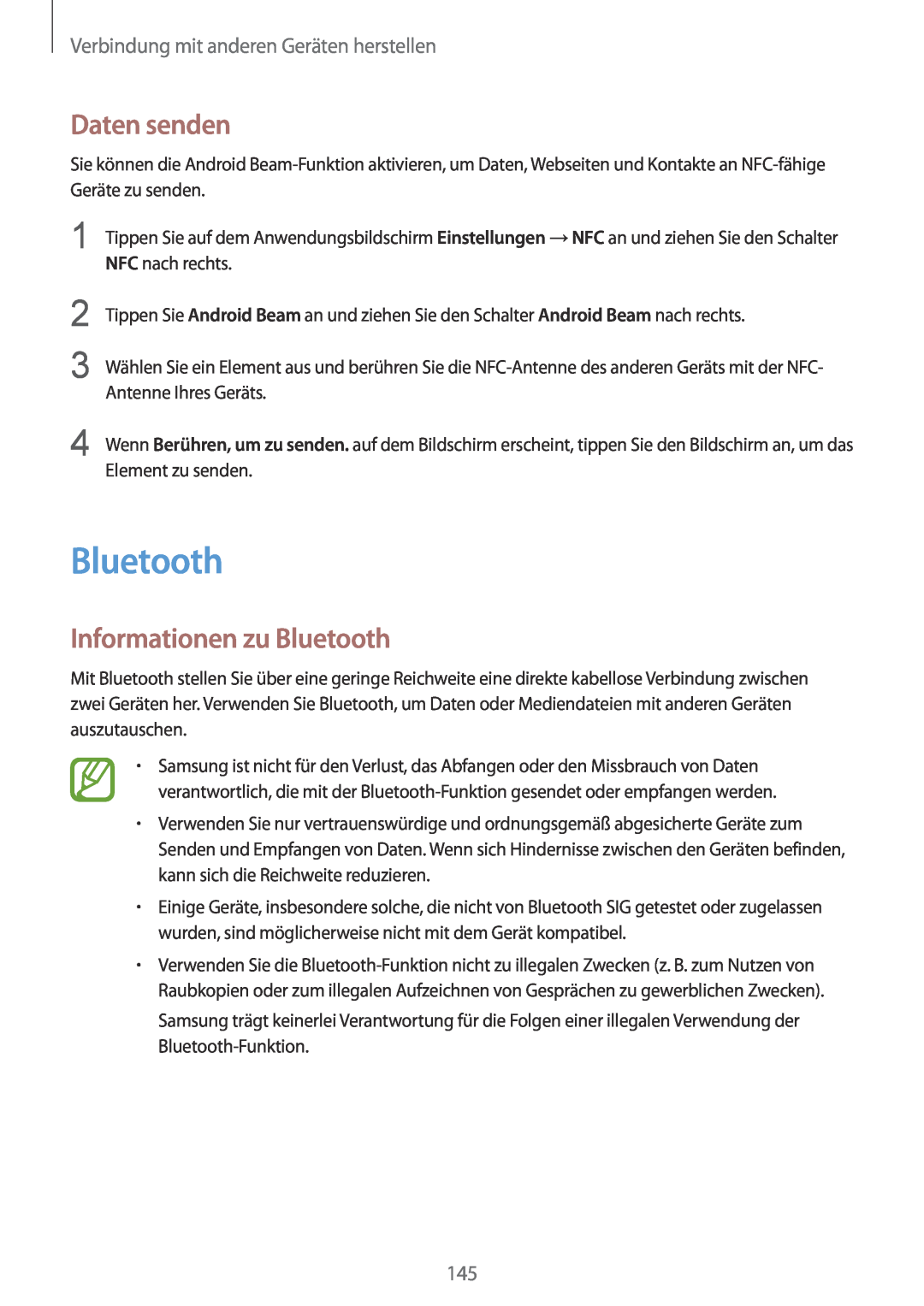 Samsung SM-G901FZBADTM manual Daten senden, Informationen zu Bluetooth, Verbindung mit anderen Geräten herstellen 
