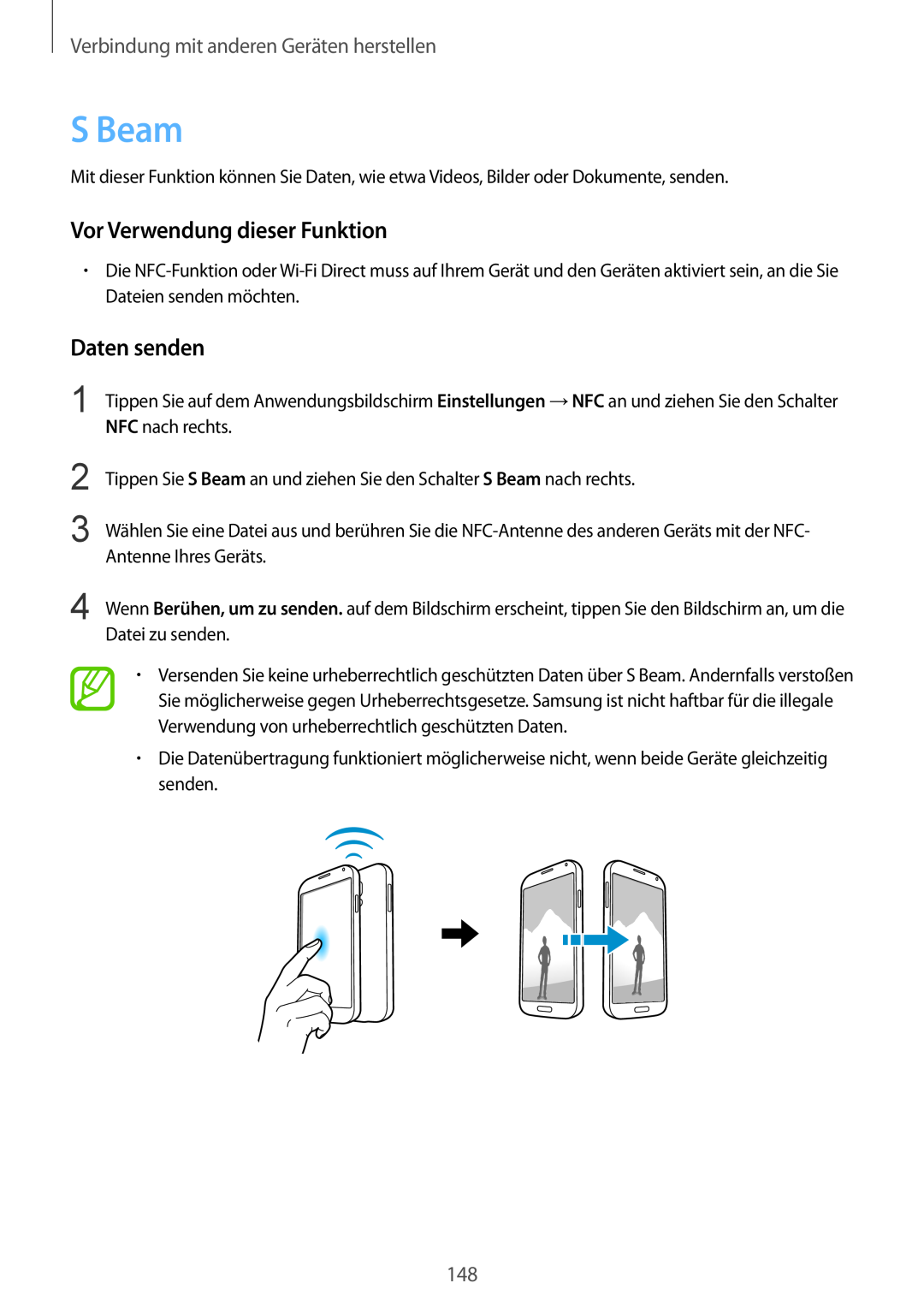 Samsung SM-G901FZWAEUR S Beam, Daten senden, Vor Verwendung dieser Funktion, Verbindung mit anderen Geräten herstellen 