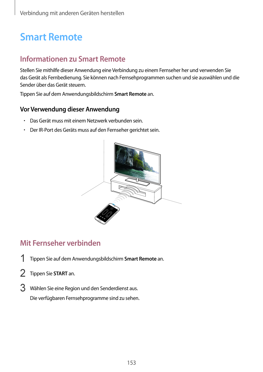 Samsung SM-G901FZKACOS manual Informationen zu Smart Remote, Vor Verwendung dieser Anwendung, Mit Fernseher verbinden 