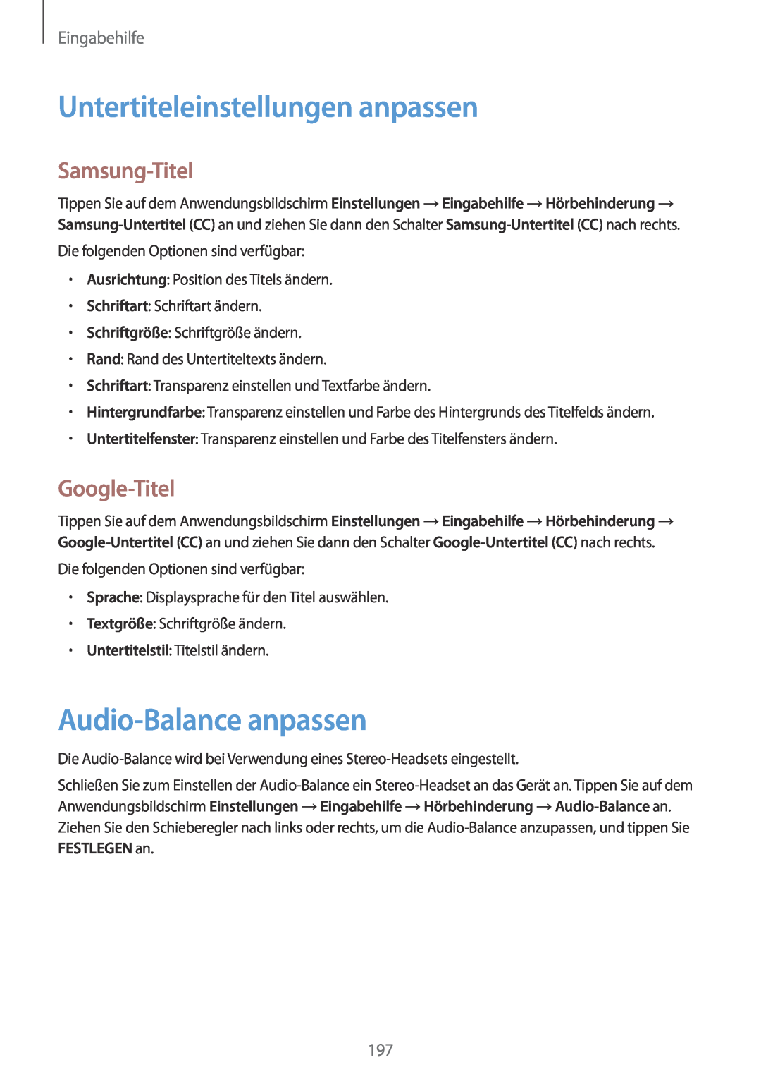 Samsung SM-G901FZKADBT Untertiteleinstellungen anpassen, Audio-Balance anpassen, Samsung-Titel, Google-Titel, Eingabehilfe 