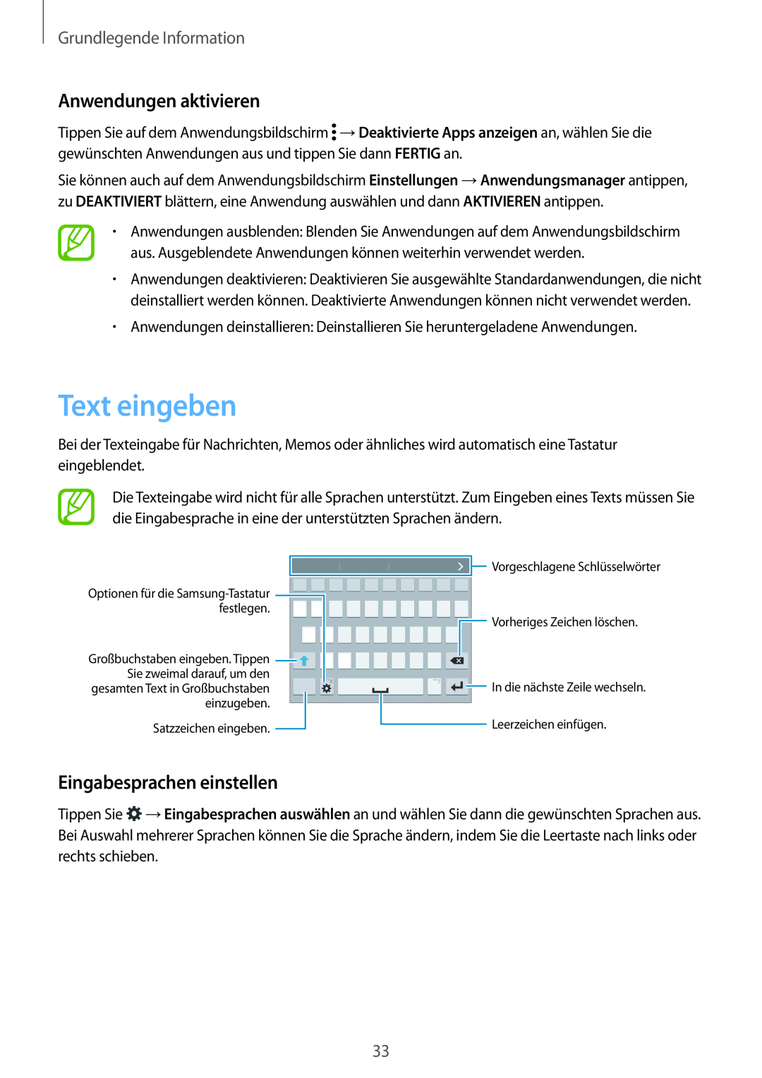 Samsung SM-G901FZKABOG manual Text eingeben, Anwendungen aktivieren, Eingabesprachen einstellen, Grundlegende Information 