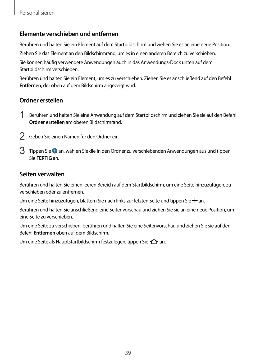 Samsung SM-G901FZKAVD2 manual Elemente verschieben und entfernen, Ordner erstellen, Seiten verwalten, Personalisieren 