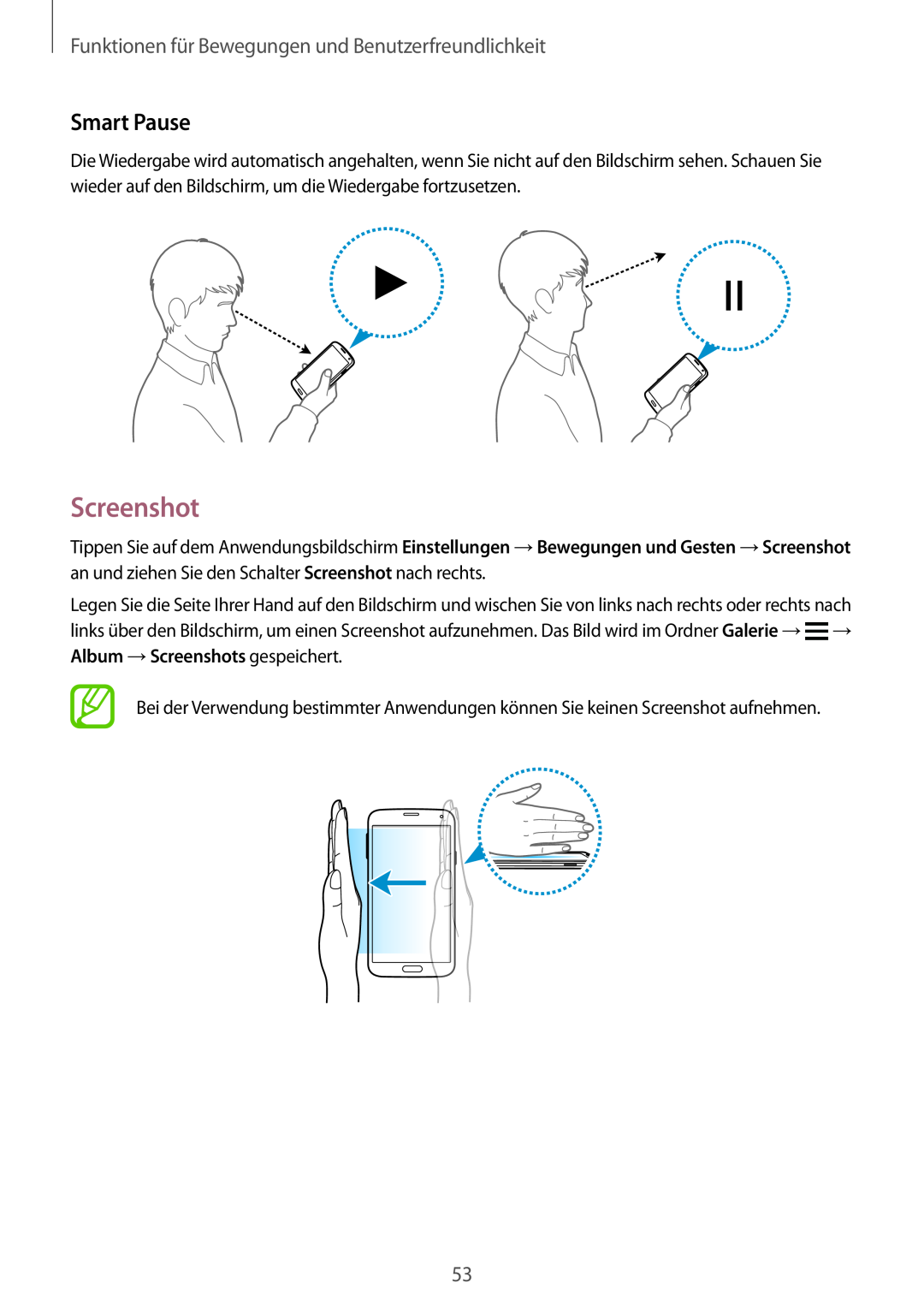 Samsung SM-G901FZWAVGR, SM-G901FZKACOS manual Screenshot, Smart Pause, Funktionen für Bewegungen und Benutzerfreundlichkeit 