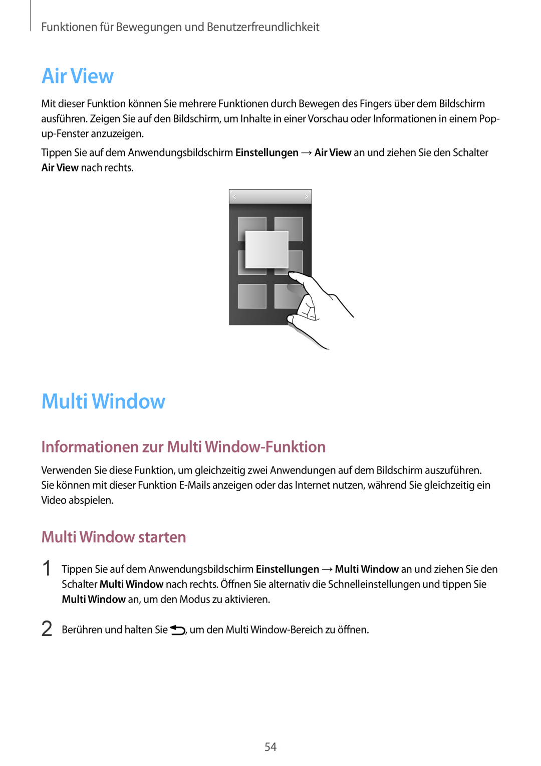 Samsung SM-G901FZWADBT, SM-G901FZKACOS manual Air View, Informationen zur Multi Window-Funktion, Multi Window starten 