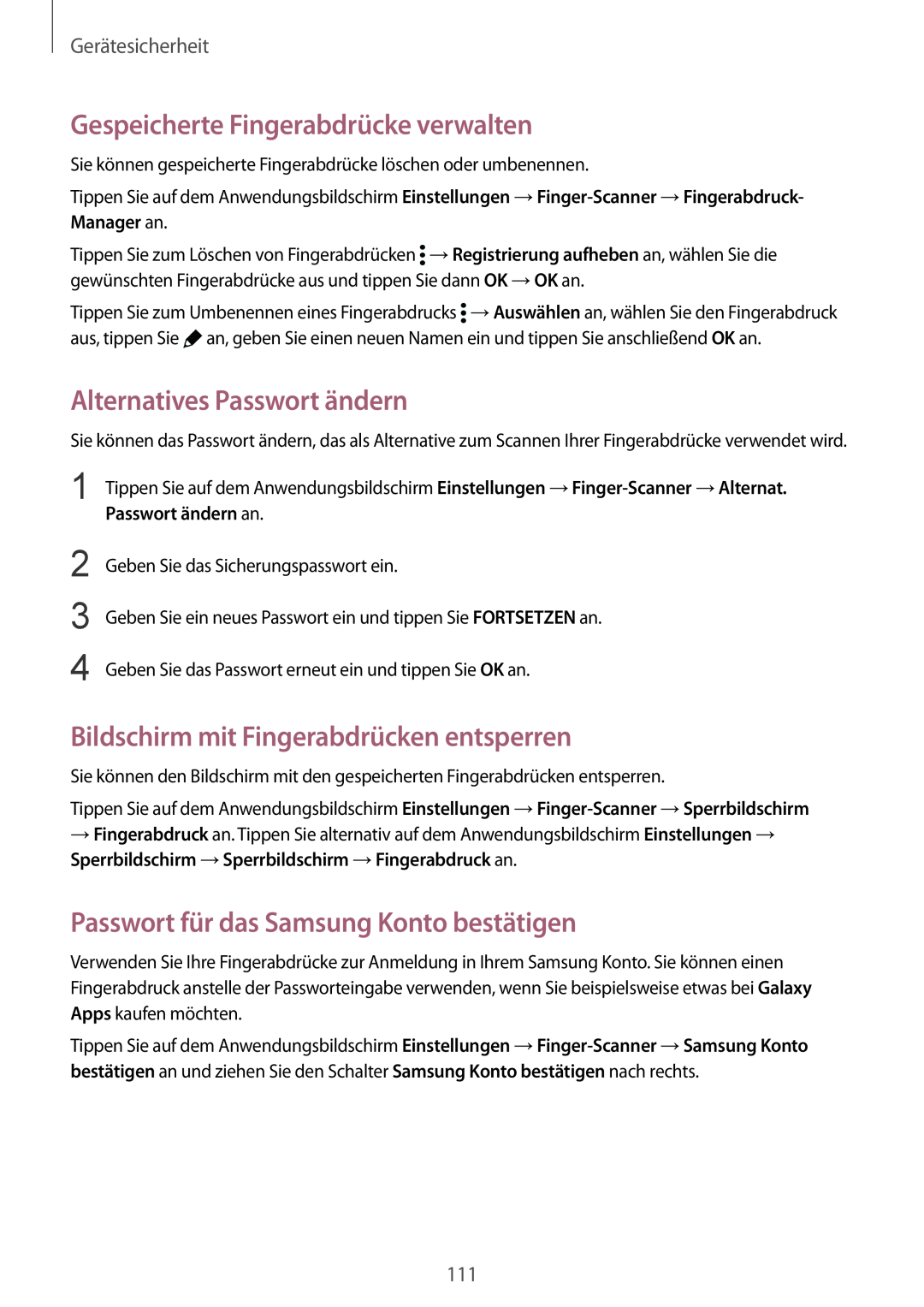 Samsung SM-G901FZBADTM manual Gespeicherte Fingerabdrücke verwalten, Alternatives Passwort ändern, Gerätesicherheit 
