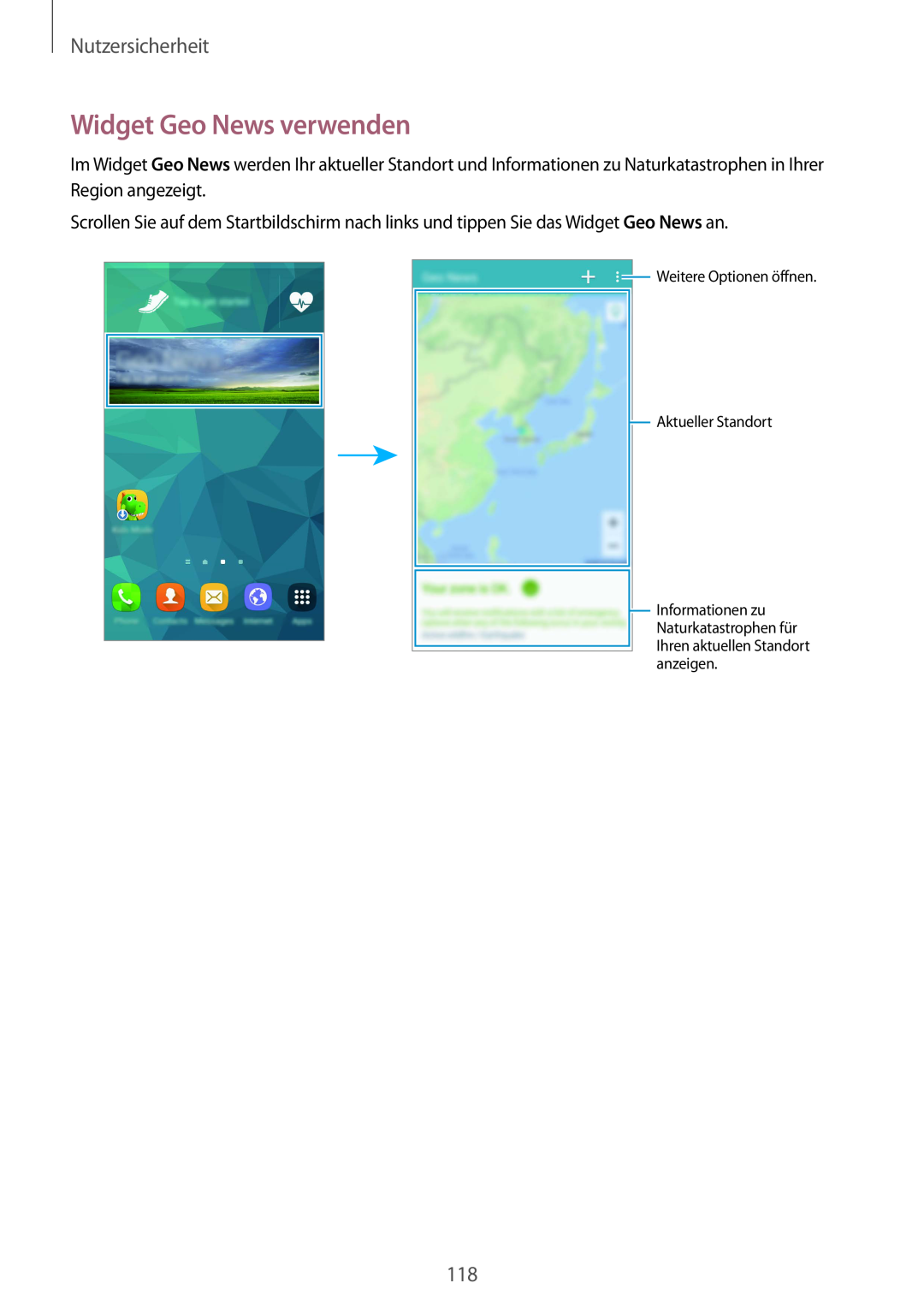Samsung SM-G901FZKABOG manual Widget Geo News verwenden, Nutzersicherheit, Weitere Optionen öffnen Aktueller Standort 