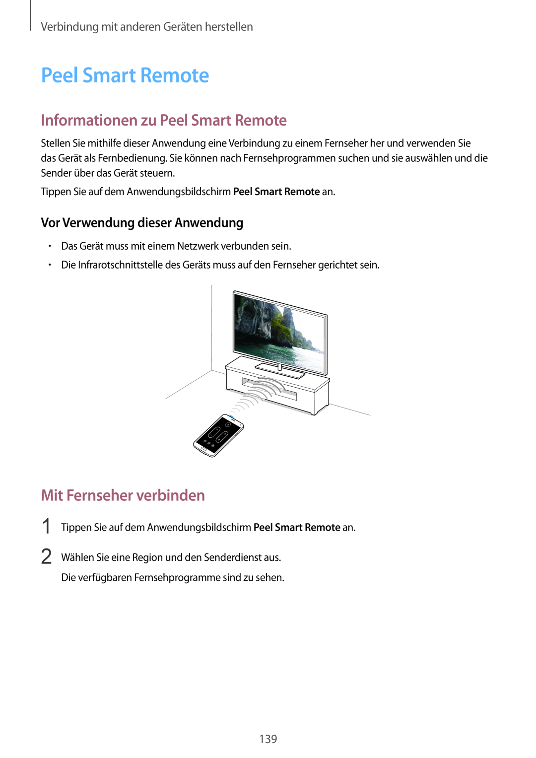 Samsung SM-G901FZWADBT Informationen zu Peel Smart Remote, Mit Fernseher verbinden, Vor Verwendung dieser Anwendung 
