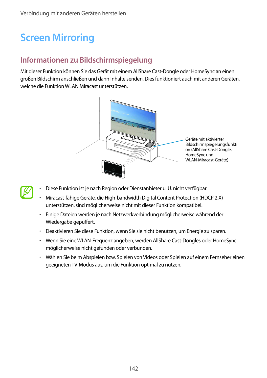 Samsung SM-G901FZWADTM Screen Mirroring, Informationen zu Bildschirmspiegelung, Verbindung mit anderen Geräten herstellen 