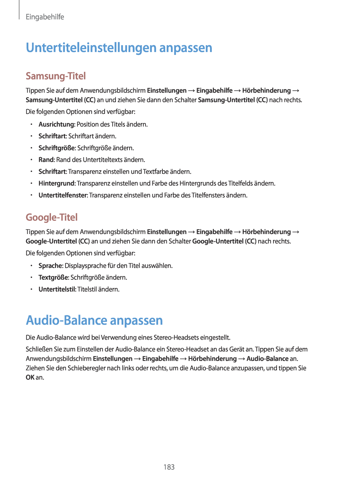 Samsung SM-G901FZDADTM Untertiteleinstellungen anpassen, Audio-Balance anpassen, Samsung-Titel, Google-Titel, Eingabehilfe 