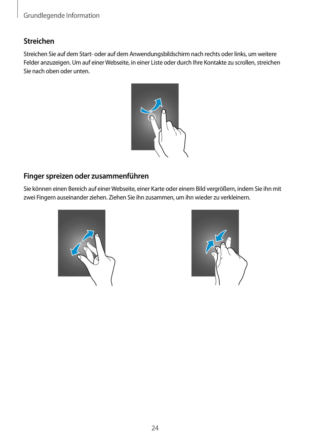 Samsung SM-G901FZKADTM, SM-G901FZKACOS manual Streichen, Finger spreizen oder zusammenführen, Grundlegende Information 