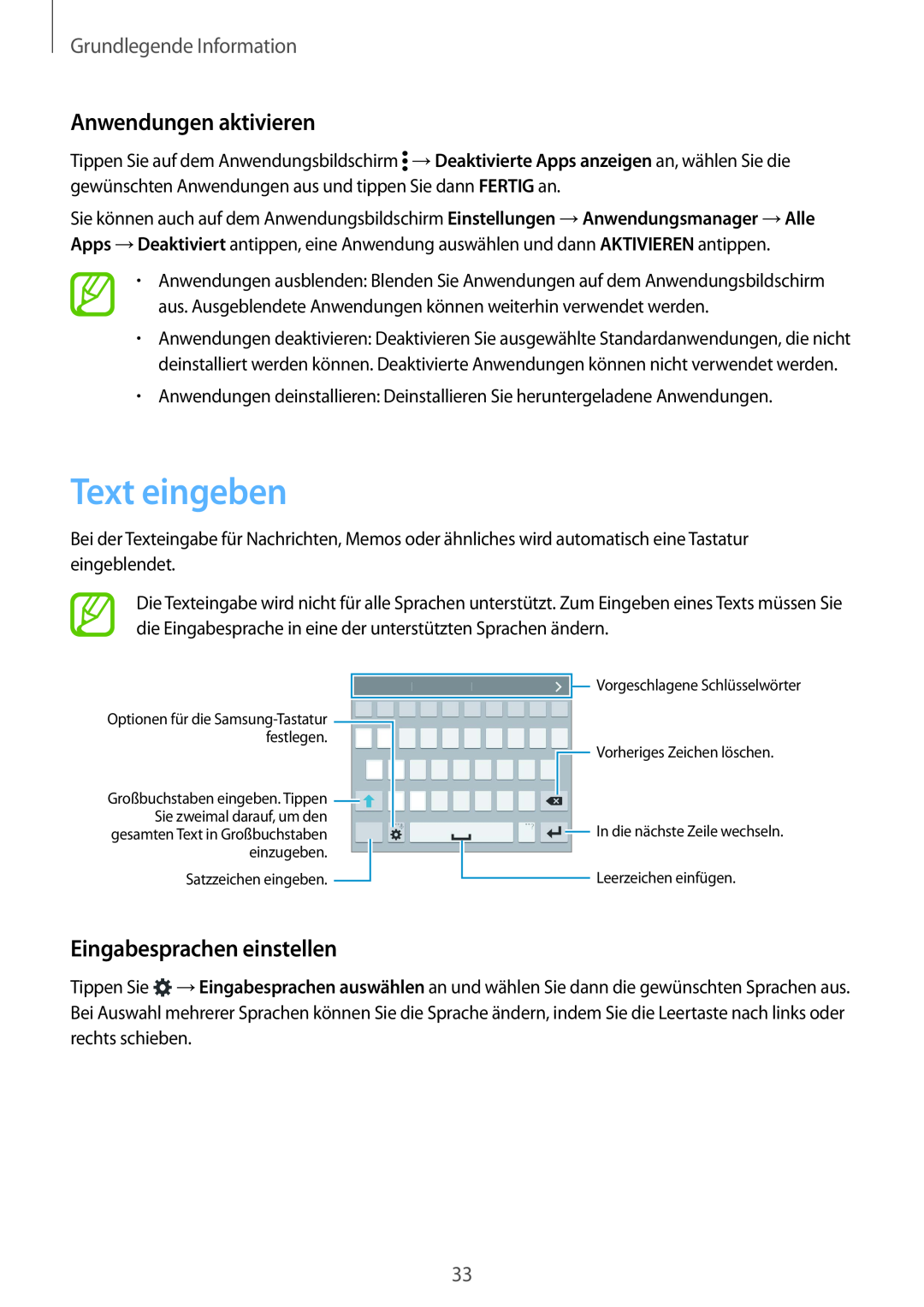 Samsung SM-G901FZKABOG manual Text eingeben, Anwendungen aktivieren, Eingabesprachen einstellen, Grundlegende Information 