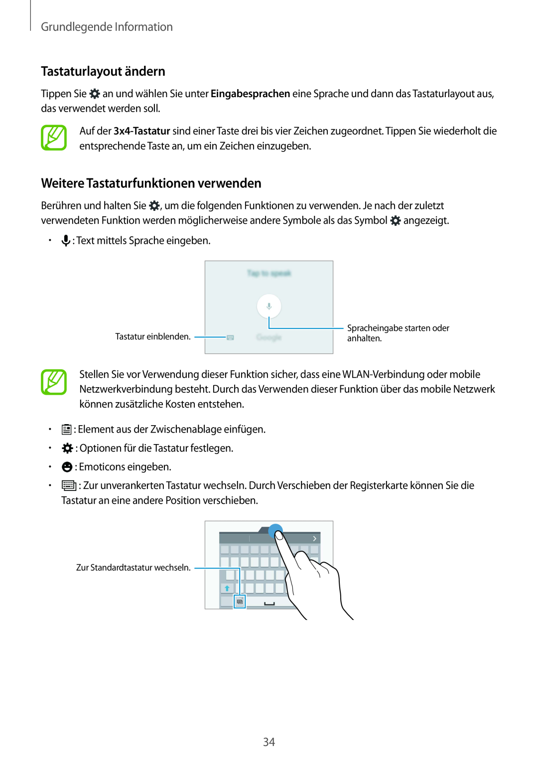 Samsung SM-G901FZKACOS manual Tastaturlayout ändern, Weitere Tastaturfunktionen verwenden, Grundlegende Information 