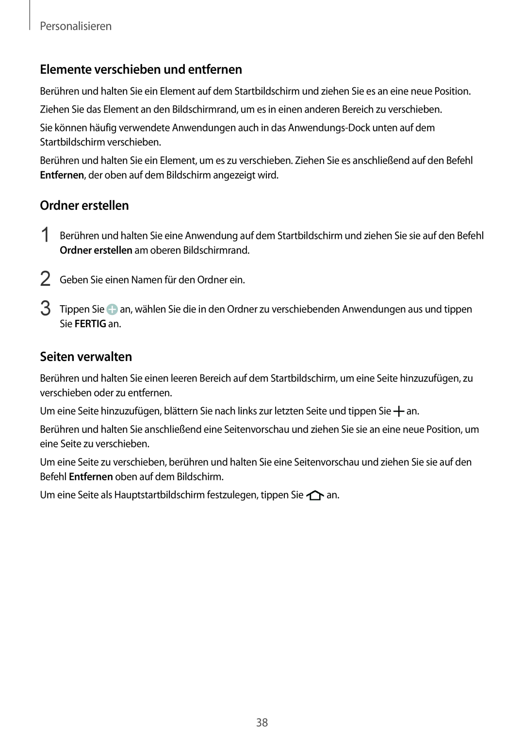 Samsung SM-G901FZKAVGR manual Elemente verschieben und entfernen, Ordner erstellen, Seiten verwalten, Personalisieren 