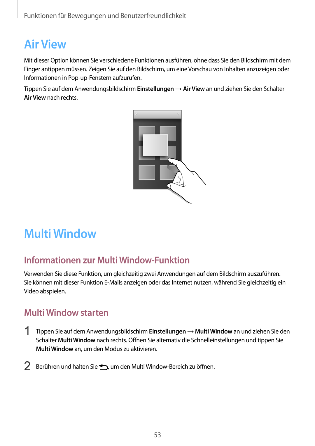 Samsung SM-G901FZWAVGR, SM-G901FZKACOS manual Air View, Informationen zur Multi Window-Funktion, Multi Window starten 