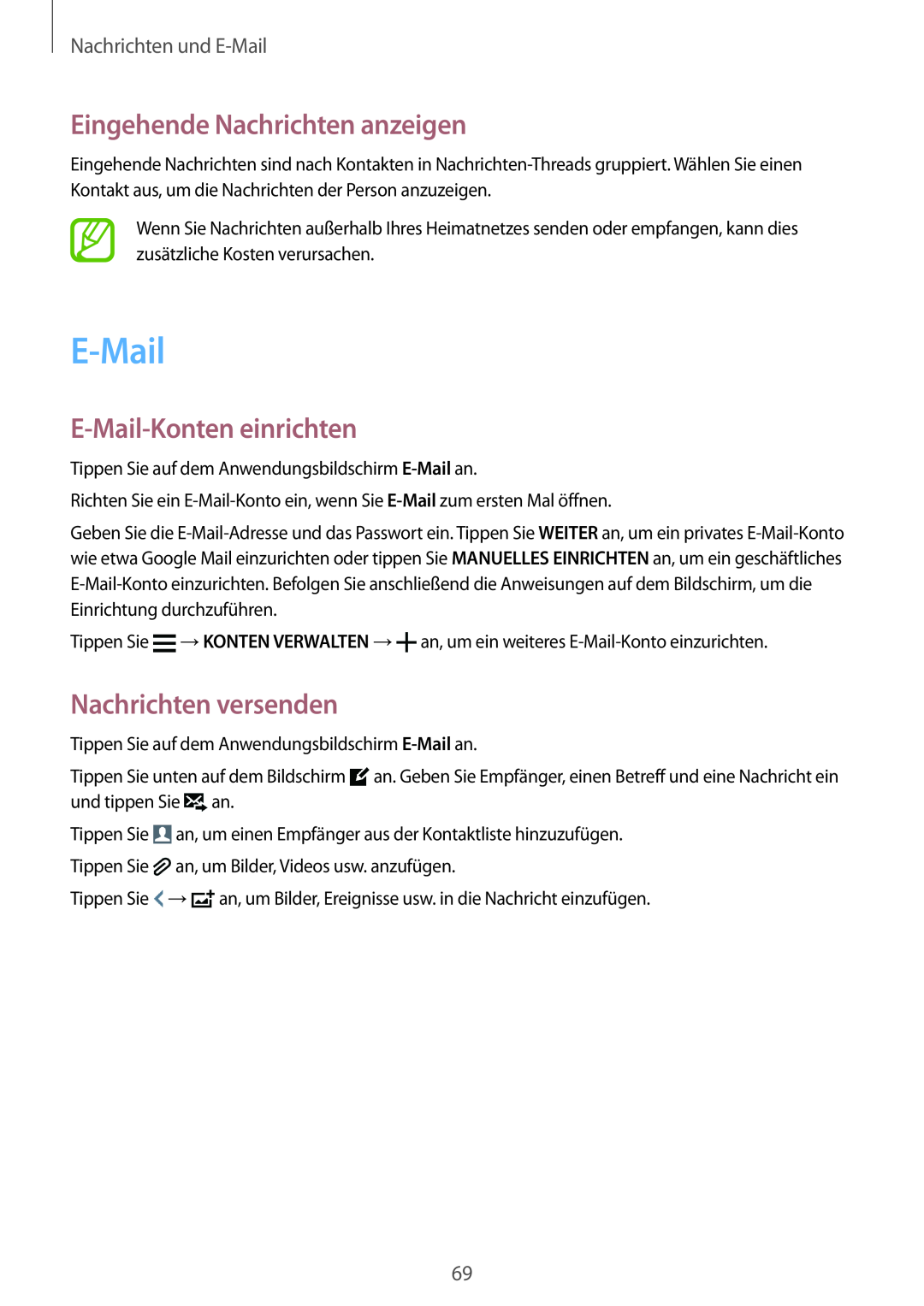 Samsung SM-G901FZDABAL manual Eingehende Nachrichten anzeigen, E-Mail-Konten einrichten, Nachrichten versenden 
