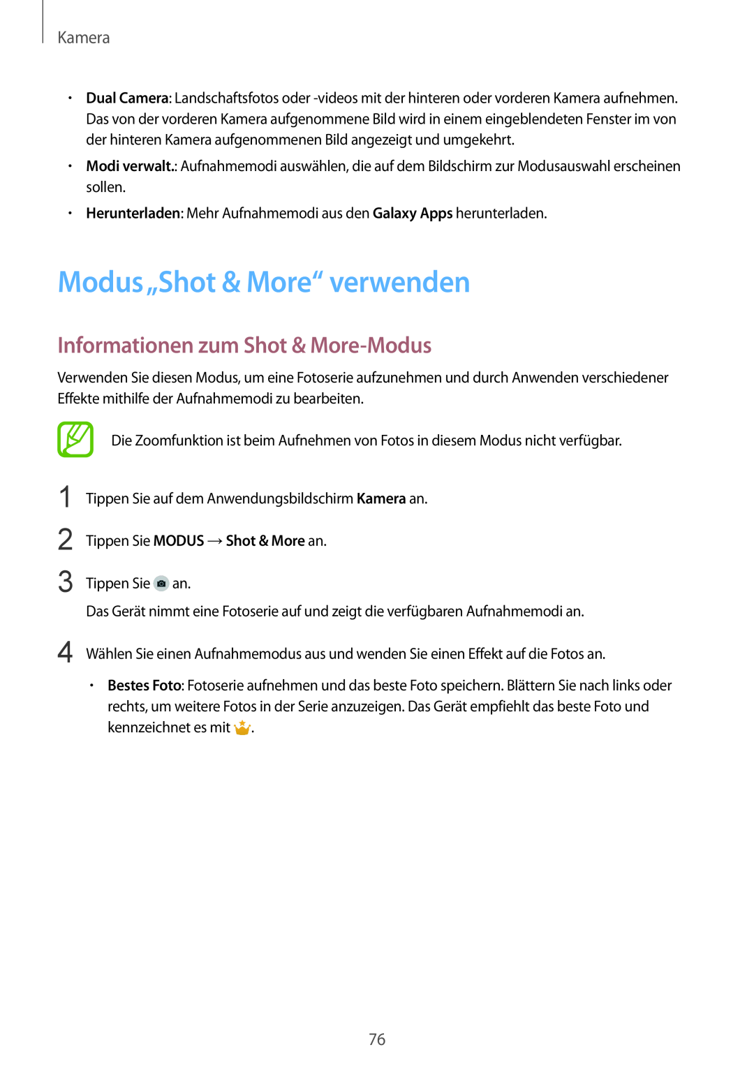 Samsung SM-G901FZKABAL Modus„Shot & More“ verwenden, Informationen zum Shot & More-Modus, Tippen Sie MODUS →Shot & More an 
