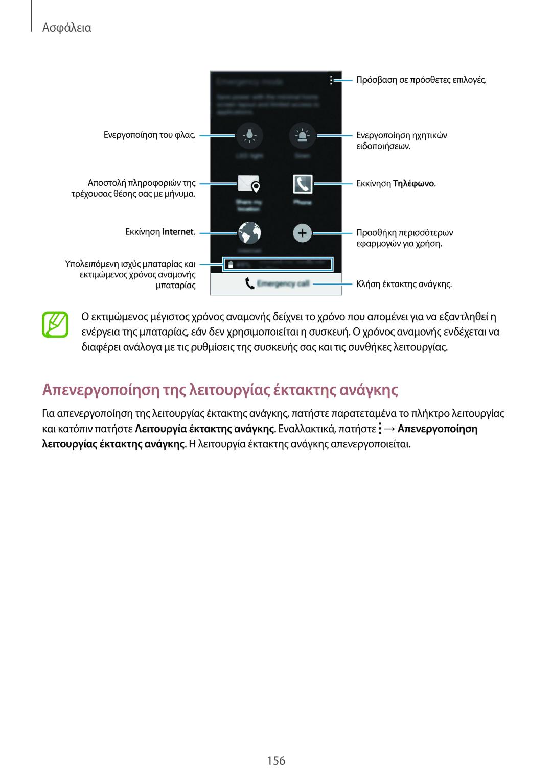 Samsung SM-G901FZKACOS, SM-G901FZWAVGR, SM-G901FZKAVGR manual Απενεργοποίηση της λειτουργίας έκτακτης ανάγκης, Ασφάλεια 