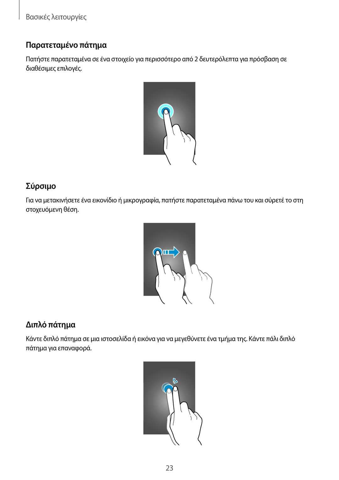Samsung SM-G901FZWACOS, SM-G901FZKACOS, SM-G901FZWAVGR, SM-G901FZKAVGR manual Παρατεταμένο πάτημα, Σύρσιμο, Διπλό πάτημα 