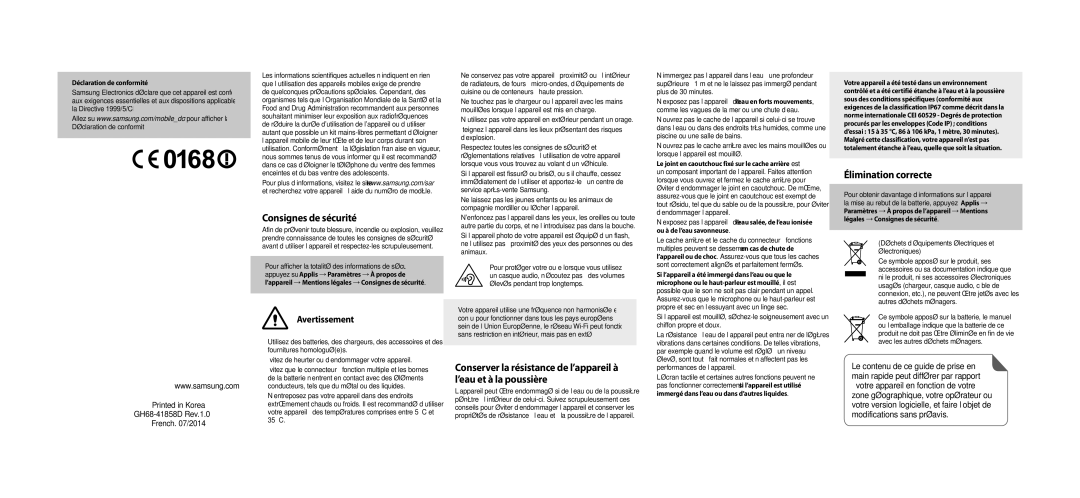 Samsung SM-G901FZKABOG manual Consignes de sécurité, Élimination correcte, Avertissement, GH68-41858D Rev.1.0 French /2014 