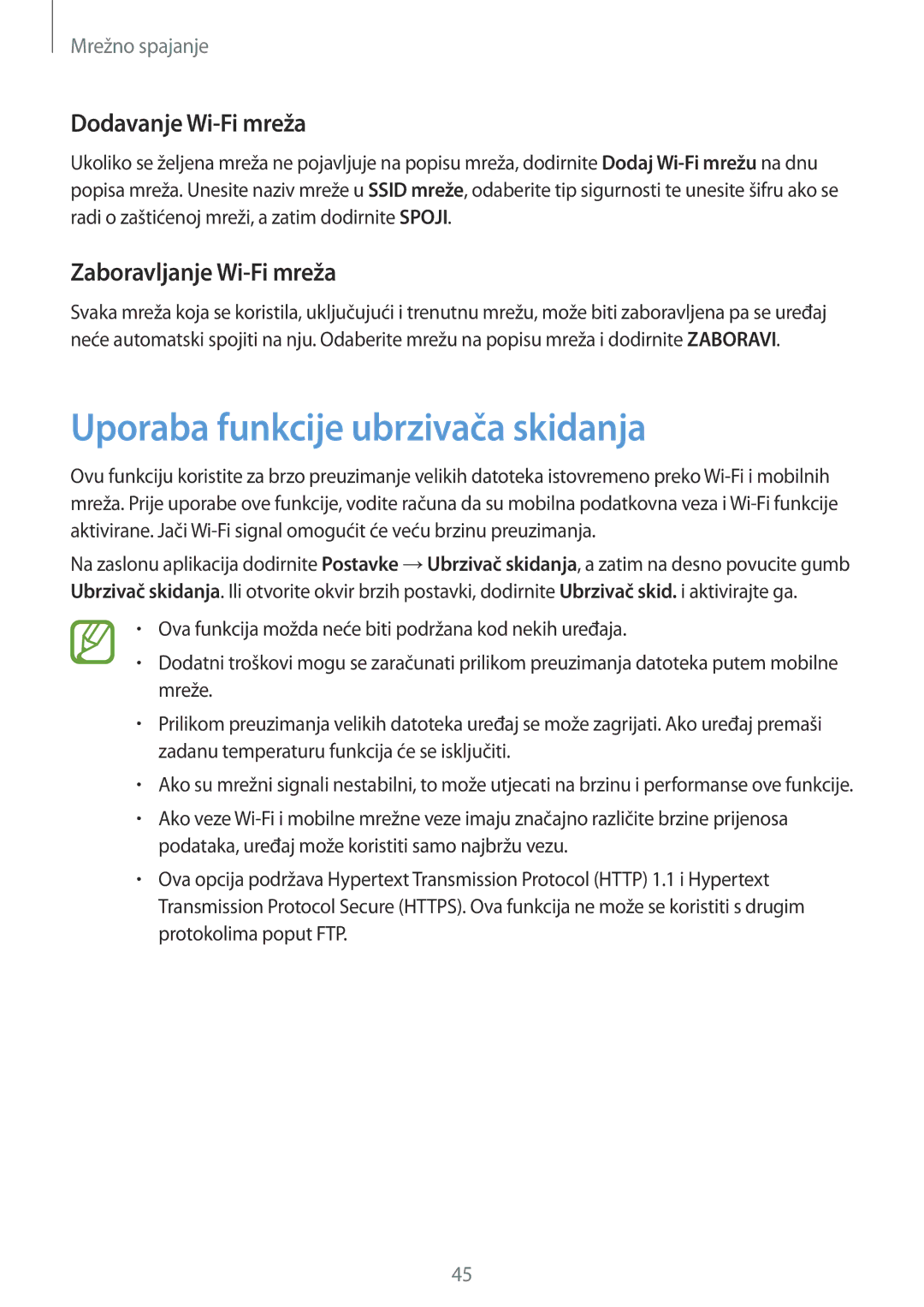 Samsung SM-G901FZKAVIP manual Uporaba funkcije ubrzivača skidanja, Dodavanje Wi-Fi mreža, Zaboravljanje Wi-Fi mreža 