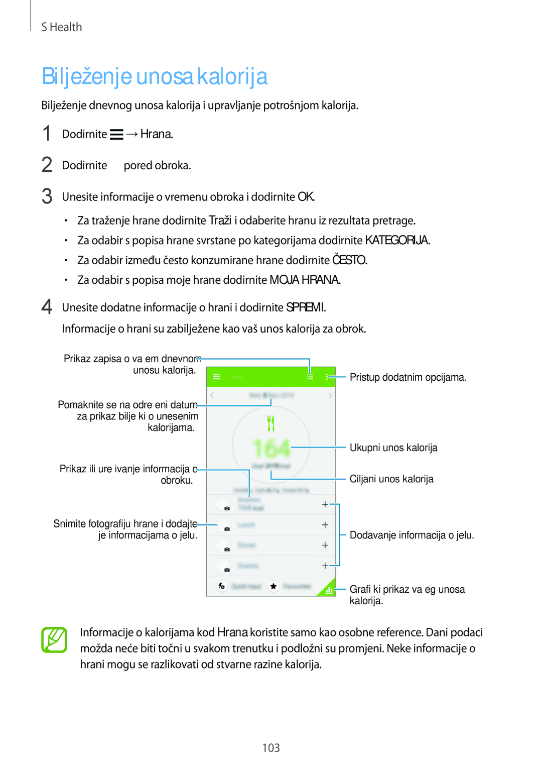 Samsung SM-G901FZKAVIP manual Bilježenje unosa kalorija 