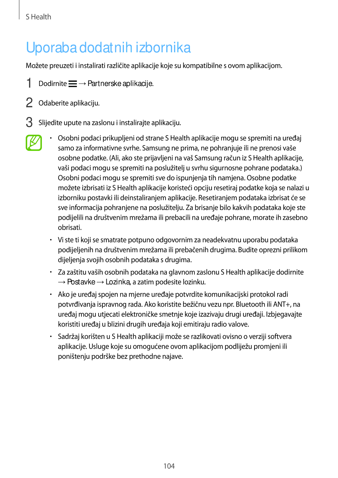 Samsung SM-G901FZKAVIP manual Uporaba dodatnih izbornika, Dodirnite →Partnerske aplikacije 