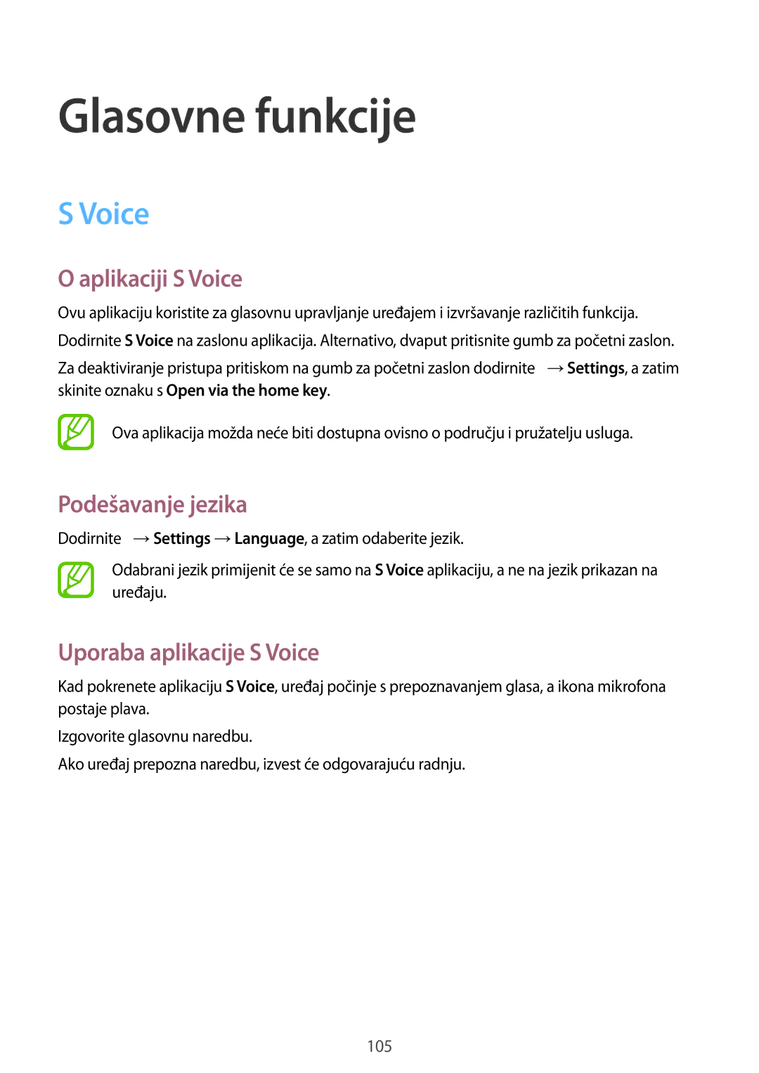 Samsung SM-G901FZKAVIP manual Glasovne funkcije, Aplikaciji S Voice, Podešavanje jezika, Uporaba aplikacije S Voice 