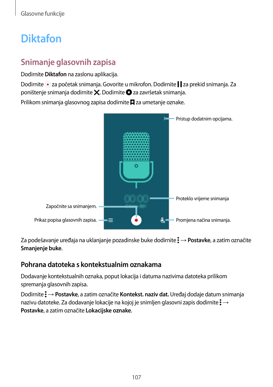 Samsung SM-G901FZKAVIP manual Diktafon, Snimanje glasovnih zapisa, Pohrana datoteka s kontekstualnim oznakama 