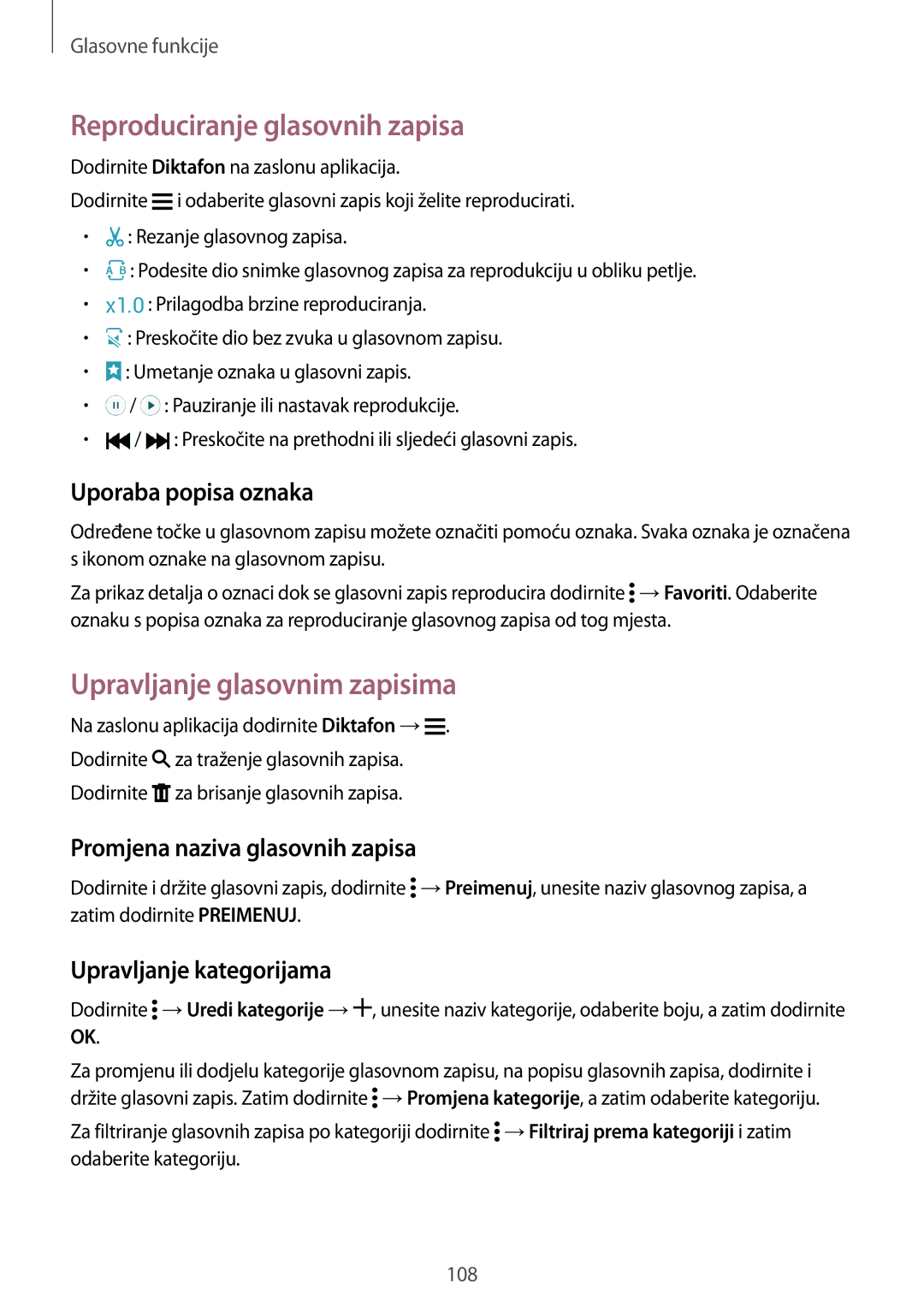 Samsung SM-G901FZKAVIP manual Reproduciranje glasovnih zapisa, Upravljanje glasovnim zapisima, Uporaba popisa oznaka 