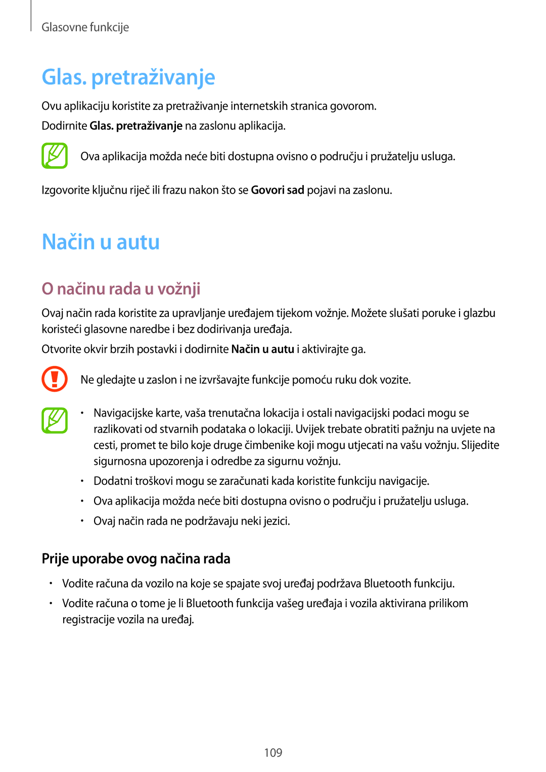 Samsung SM-G901FZKAVIP manual Glas. pretraživanje, Način u autu, Načinu rada u vožnji 