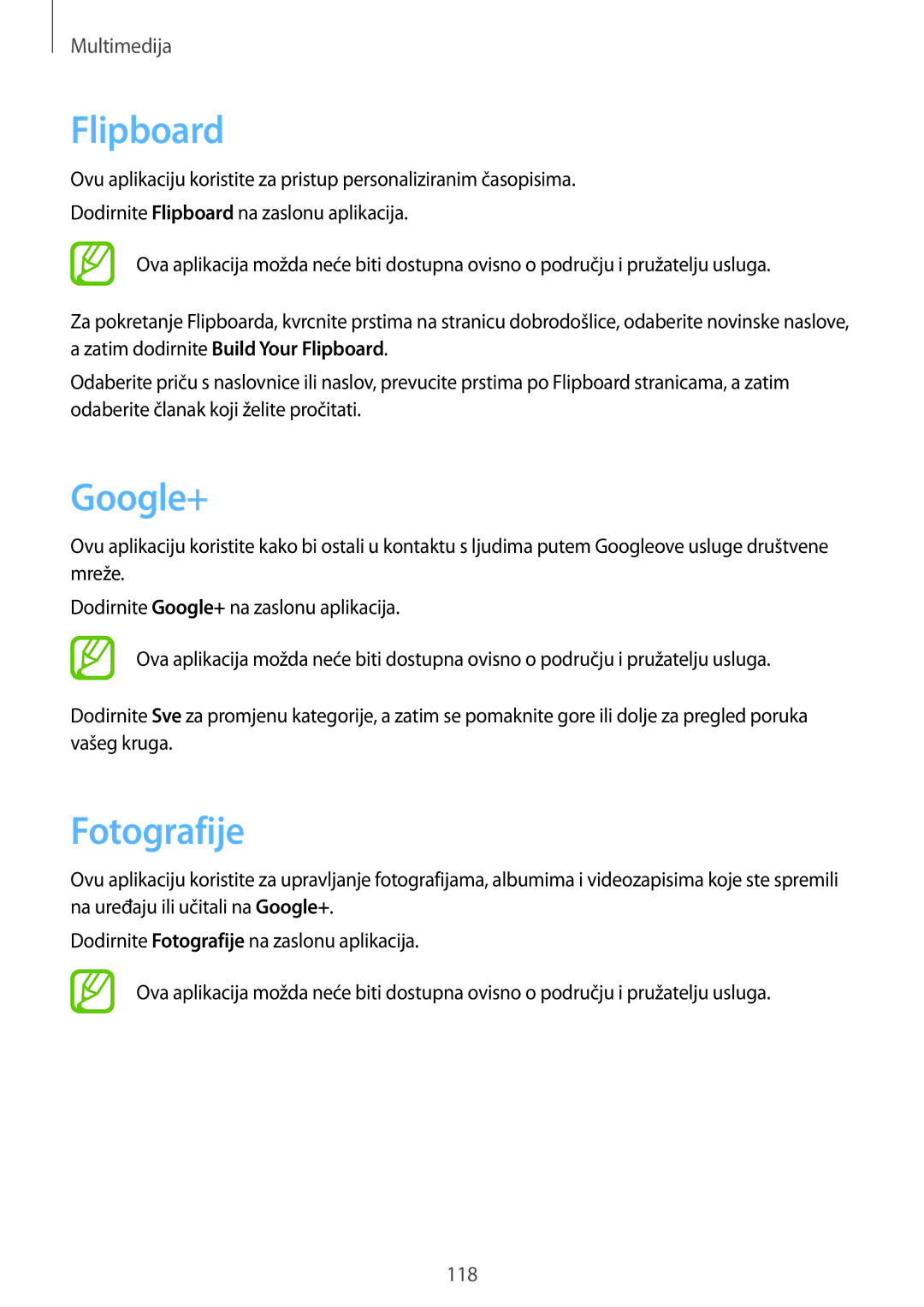 Samsung SM-G901FZKAVIP manual Flipboard, Google+, Fotografije 