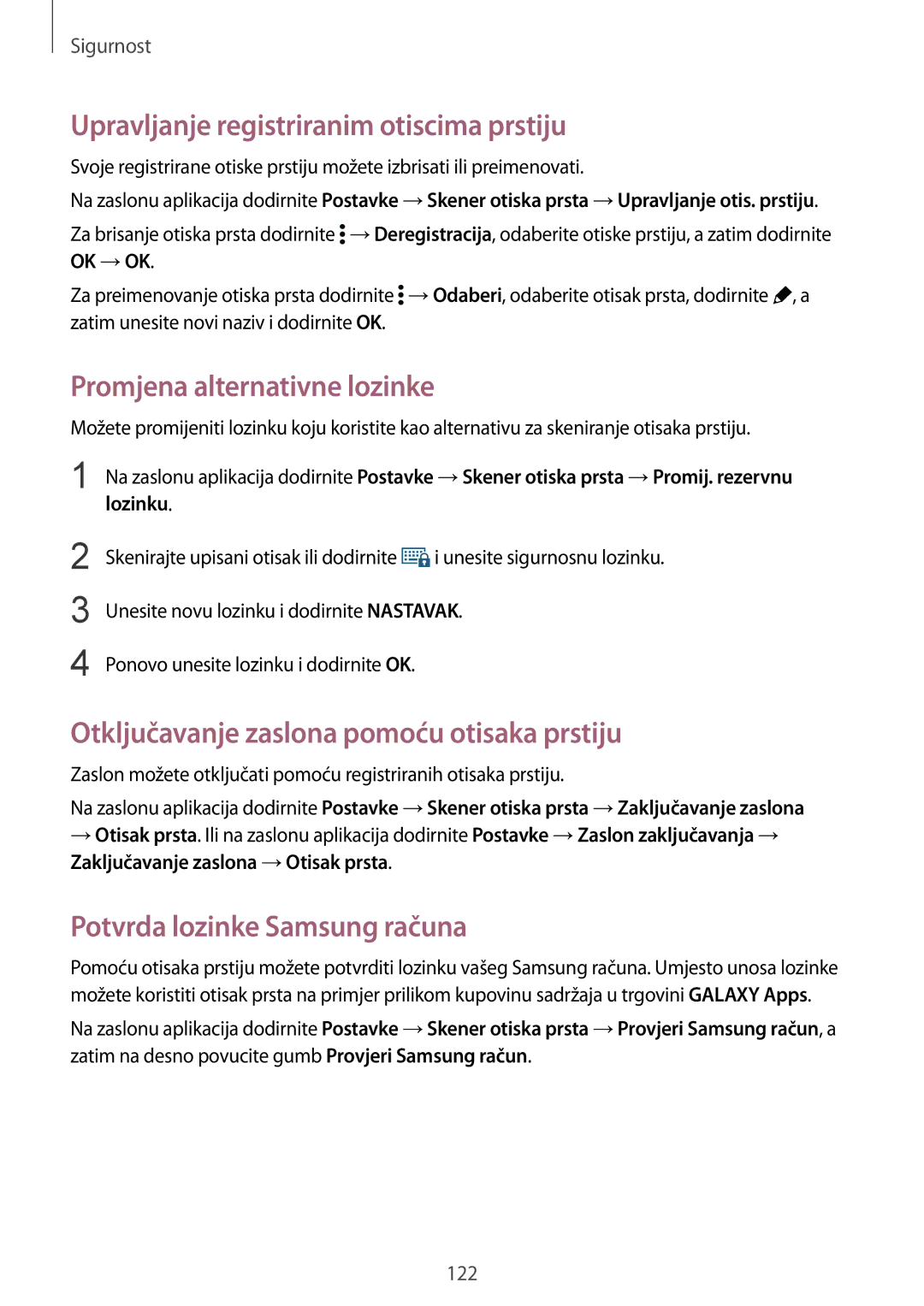 Samsung SM-G901FZKAVIP manual Upravljanje registriranim otiscima prstiju, Promjena alternativne lozinke 