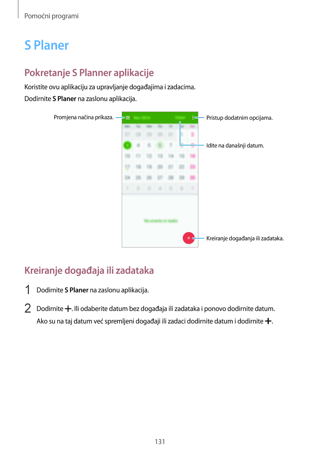 Samsung SM-G901FZKAVIP manual Planer, Pokretanje S Planner aplikacije, Kreiranje događaja ili zadataka 