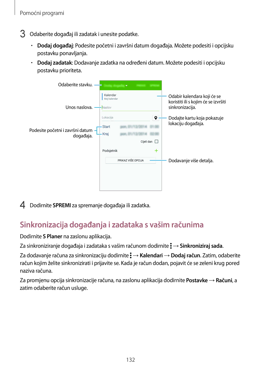 Samsung SM-G901FZKAVIP manual Sinkronizacija događanja i zadataka s vašim računima 