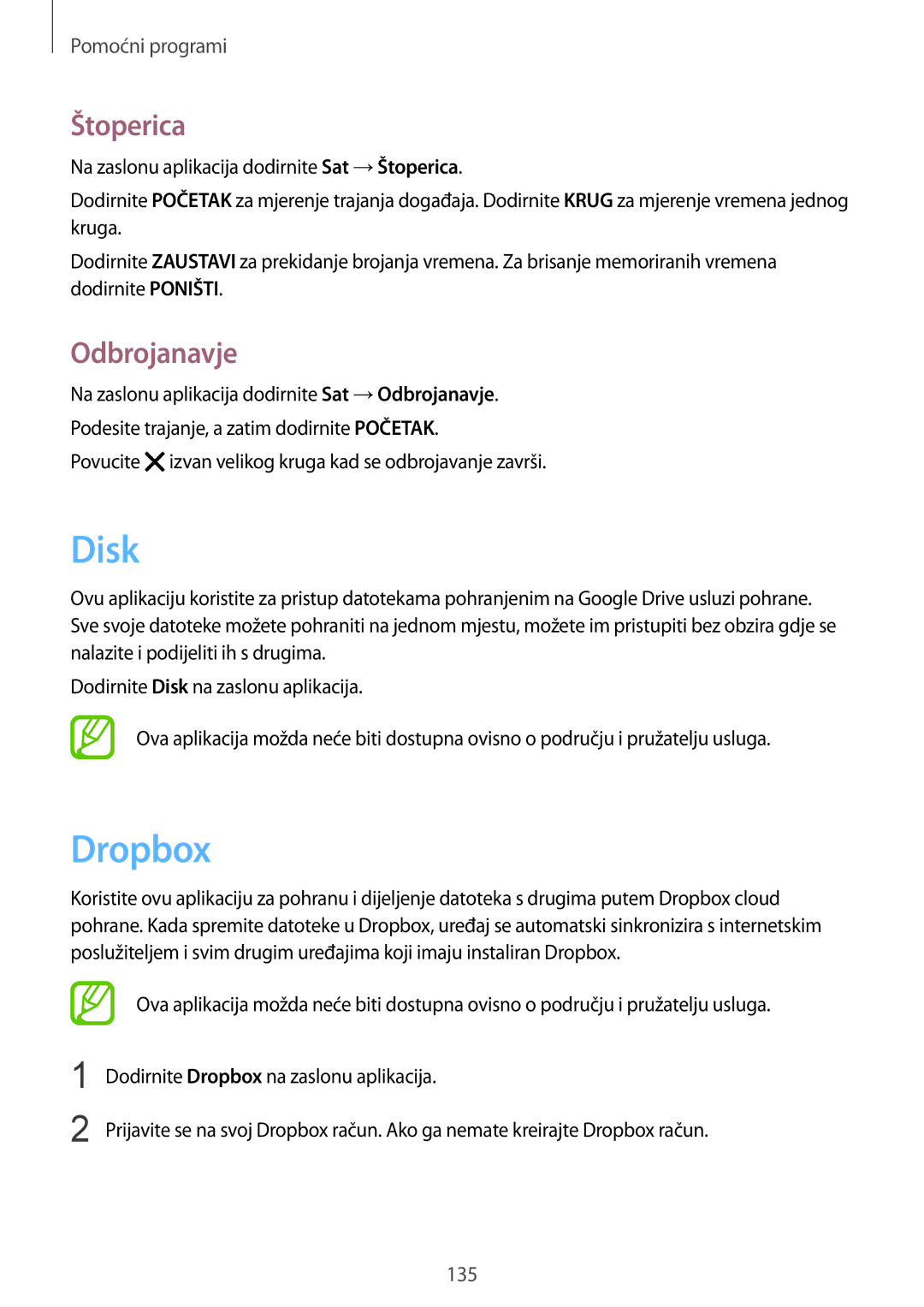 Samsung SM-G901FZKAVIP manual Disk, Dropbox, Štoperica, Odbrojanavje 