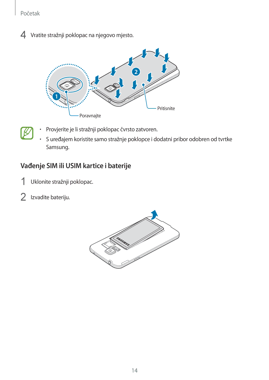 Samsung SM-G901FZKAVIP manual Vađenje SIM ili Usim kartice i baterije 