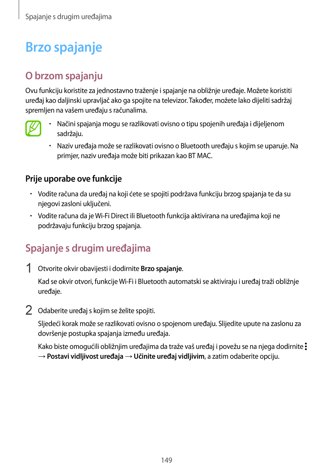 Samsung SM-G901FZKAVIP manual Brzo spajanje, Brzom spajanju, Spajanje s drugim uređajima 