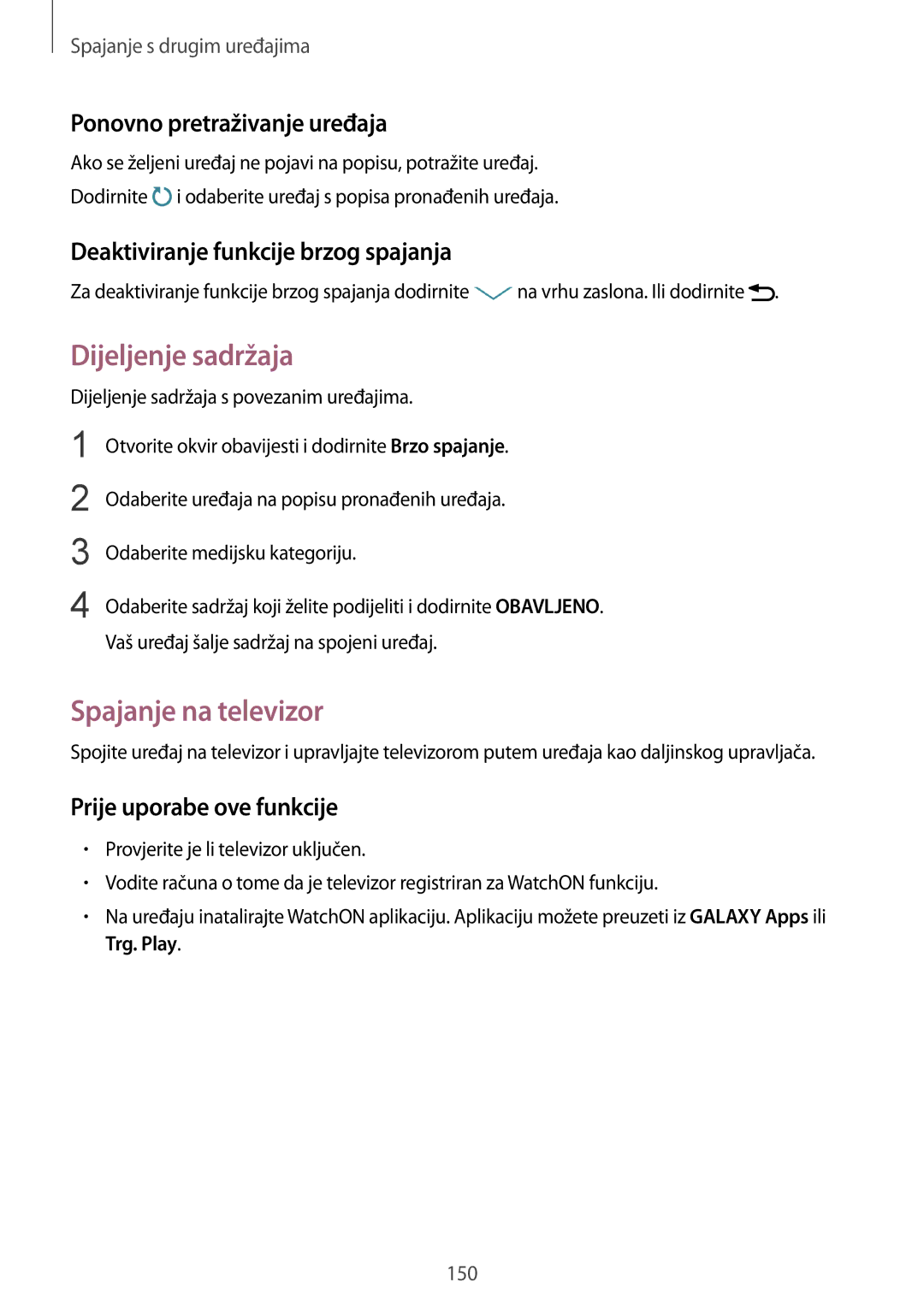 Samsung SM-G901FZKAVIP manual Dijeljenje sadržaja, Spajanje na televizor, Ponovno pretraživanje uređaja, Trg. Play 