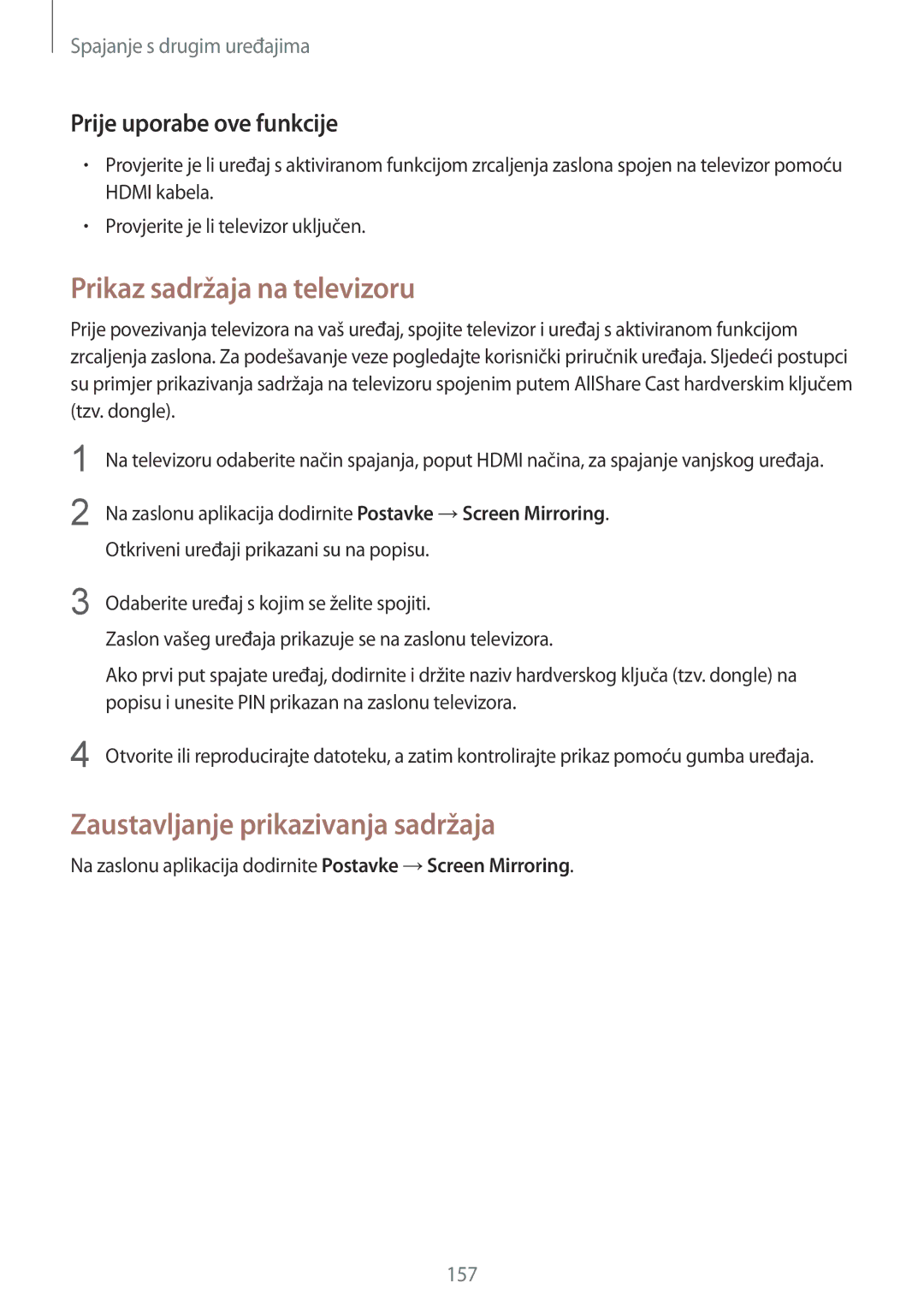 Samsung SM-G901FZKAVIP manual Prikaz sadržaja na televizoru, Zaustavljanje prikazivanja sadržaja 