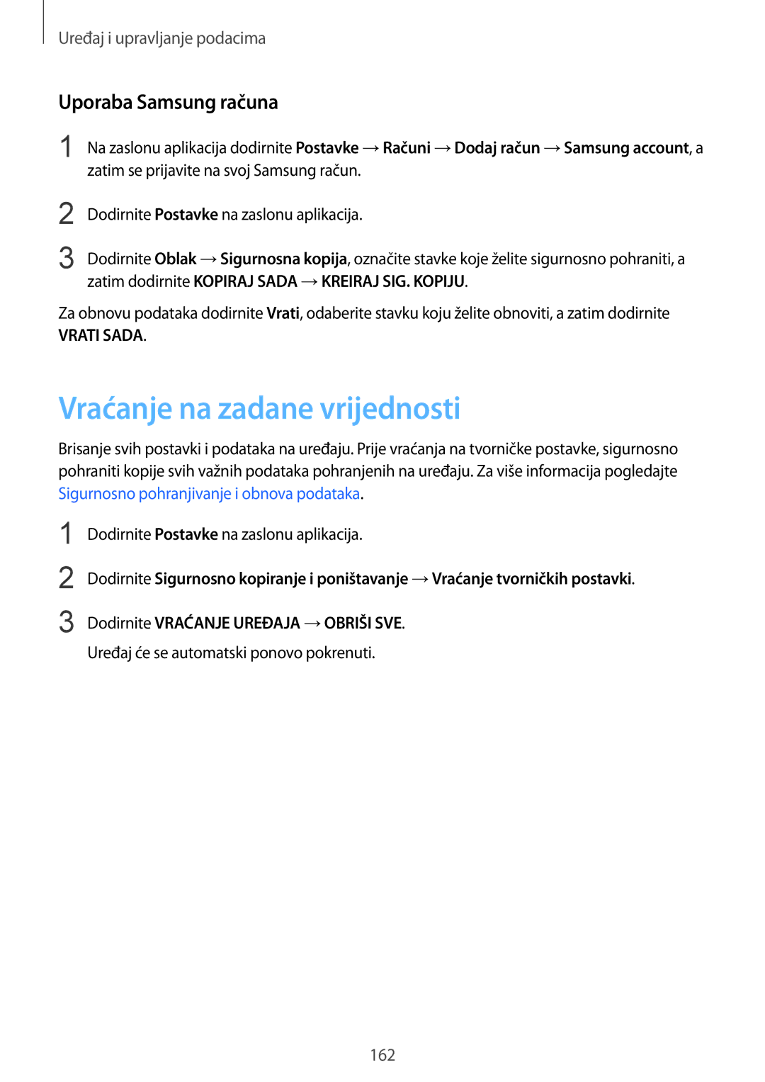 Samsung SM-G901FZKAVIP manual Vraćanje na zadane vrijednosti, Uporaba Samsung računa 