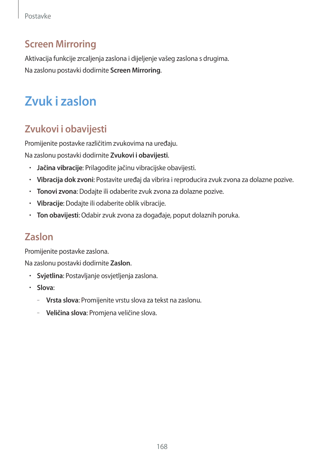 Samsung SM-G901FZKAVIP manual Zvuk i zaslon, Screen Mirroring, Zvukovi i obavijesti, Zaslon, Slova 