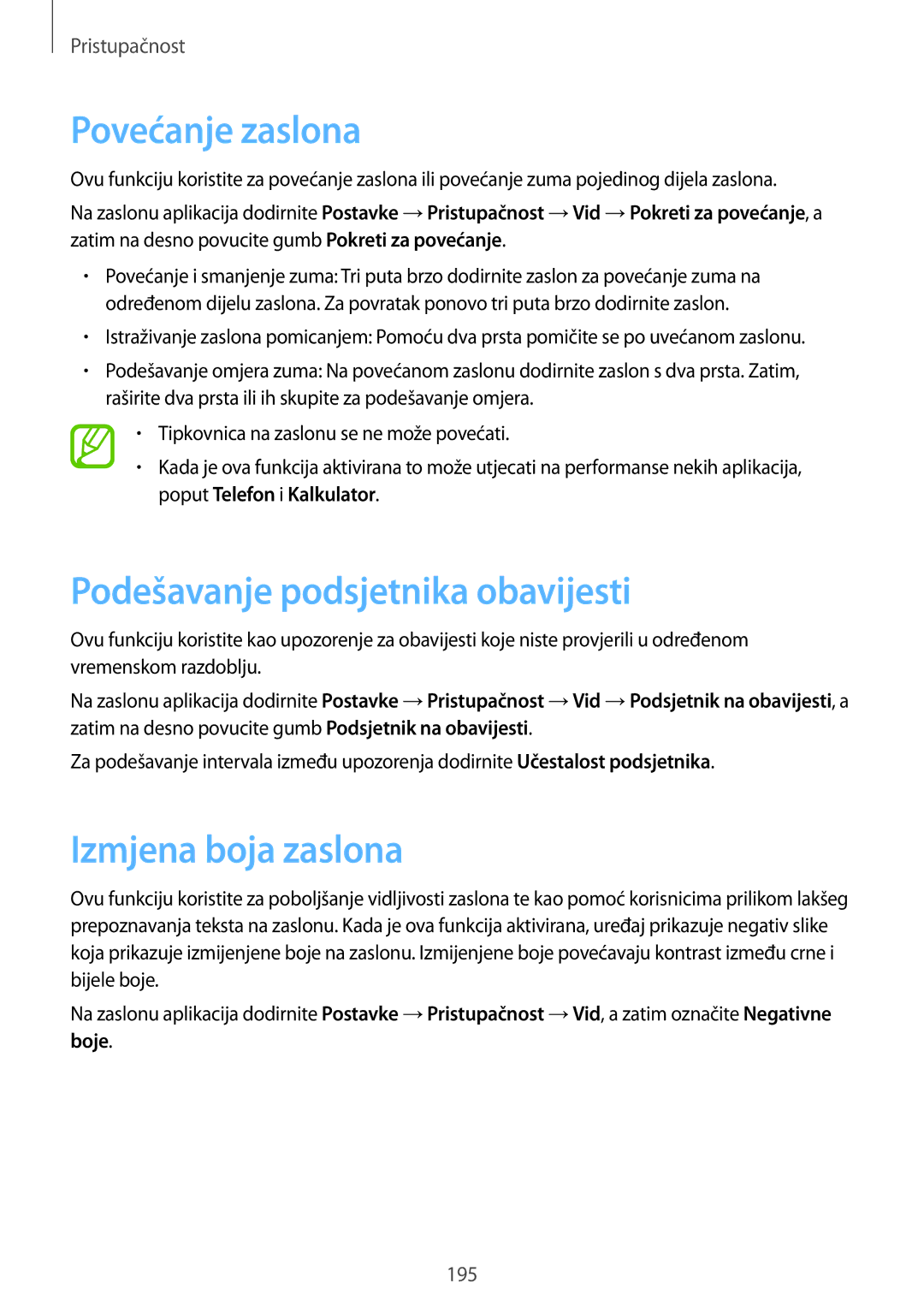 Samsung SM-G901FZKAVIP manual Povećanje zaslona, Podešavanje podsjetnika obavijesti, Izmjena boja zaslona 