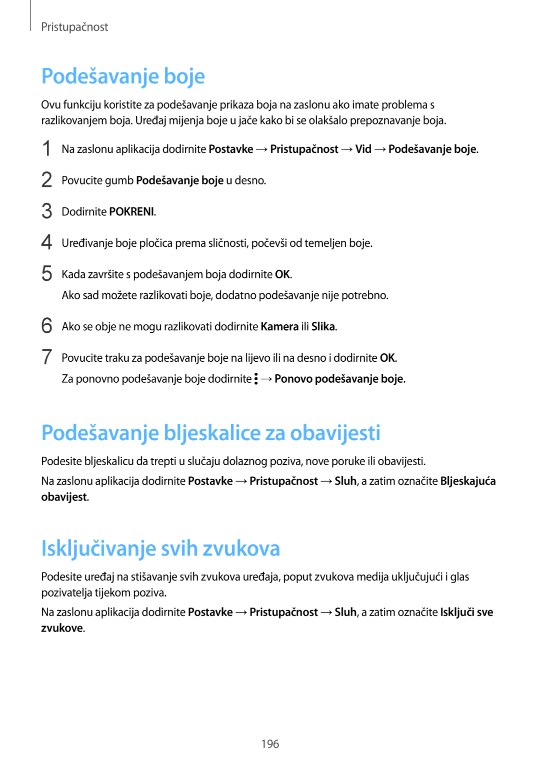 Samsung SM-G901FZKAVIP manual Podešavanje boje, Podešavanje bljeskalice za obavijesti, Isključivanje svih zvukova, Zvukove 