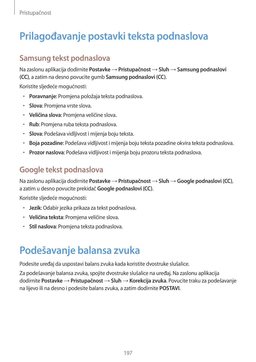 Samsung SM-G901FZKAVIP Prilagođavanje postavki teksta podnaslova, Podešavanje balansa zvuka, Samsung tekst podnaslova 