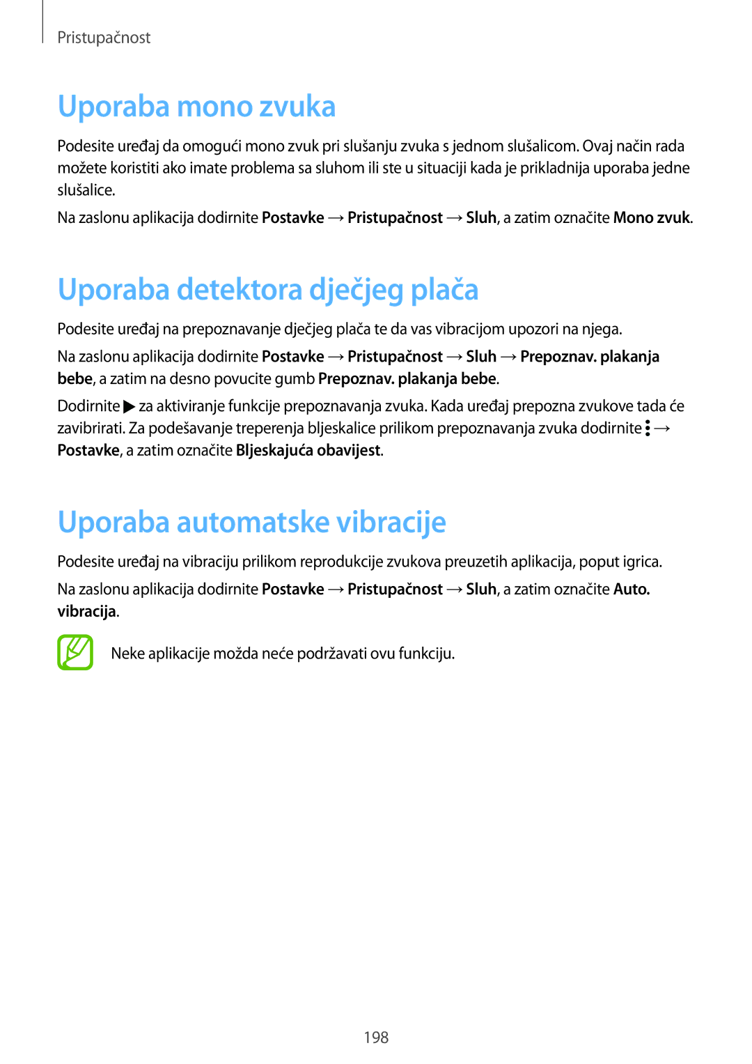 Samsung SM-G901FZKAVIP manual Uporaba mono zvuka, Uporaba detektora dječjeg plača, Uporaba automatske vibracije 