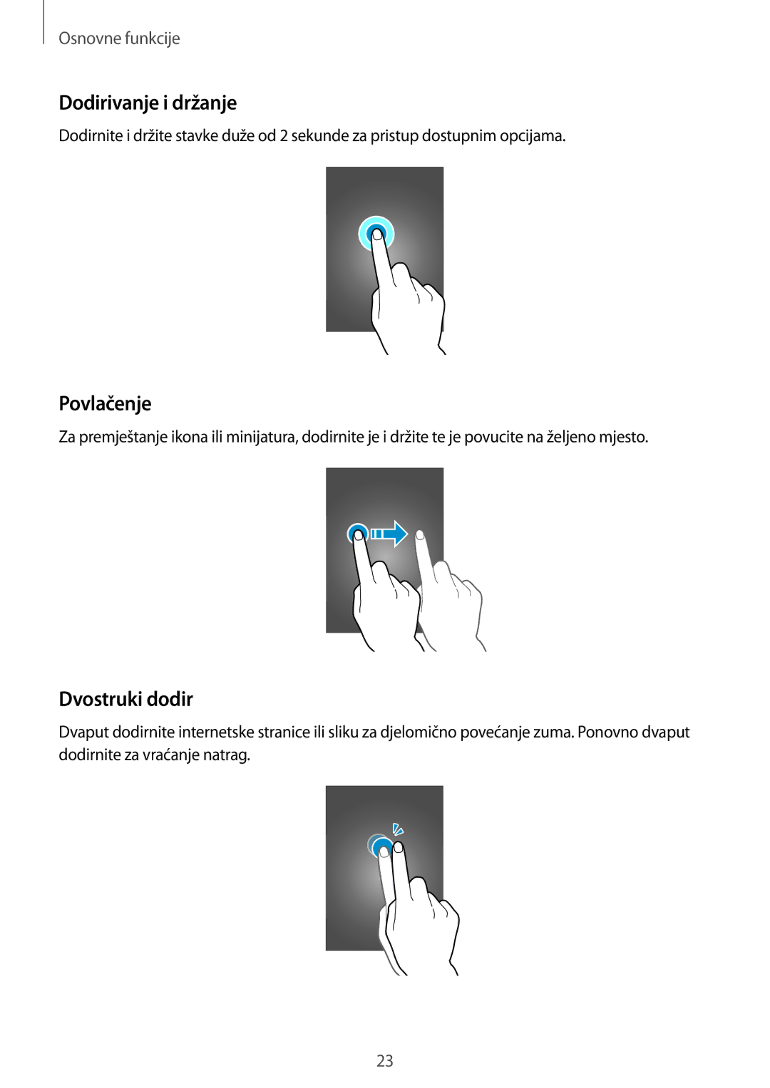 Samsung SM-G901FZKAVIP manual Dodirivanje i držanje, Povlačenje, Dvostruki dodir 